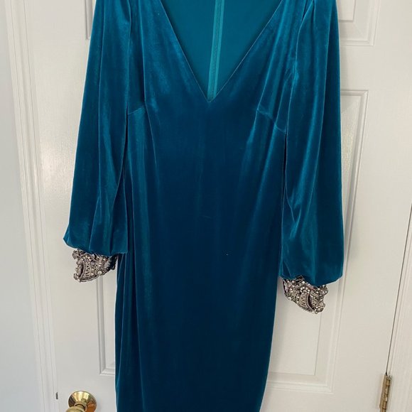 Badgley Mischka Velvet Balloon Sleeve Beaded Cuff Dress - Picture 2 of 7